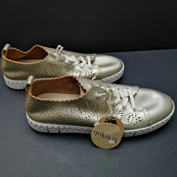 NWT Yokono Spain Ladies Size 40 (approx. 9 US) Gold Tone Leather Upper Sneakers - Picture 2 of 9